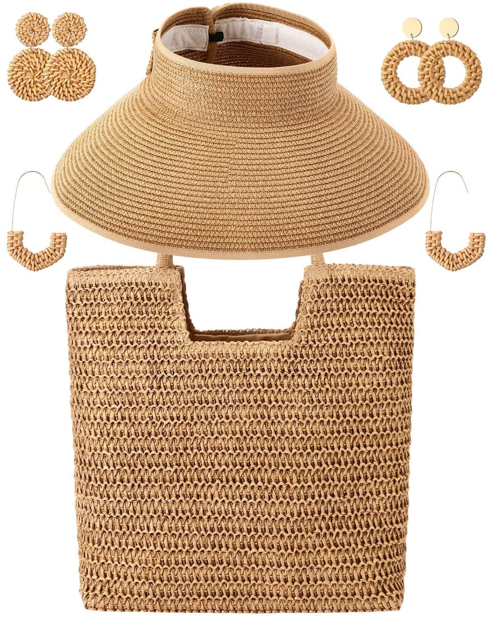 3853 5 Pcs Straw Bag and Hat Set, Large Straw Beach Bag, Floppy Sun Hats